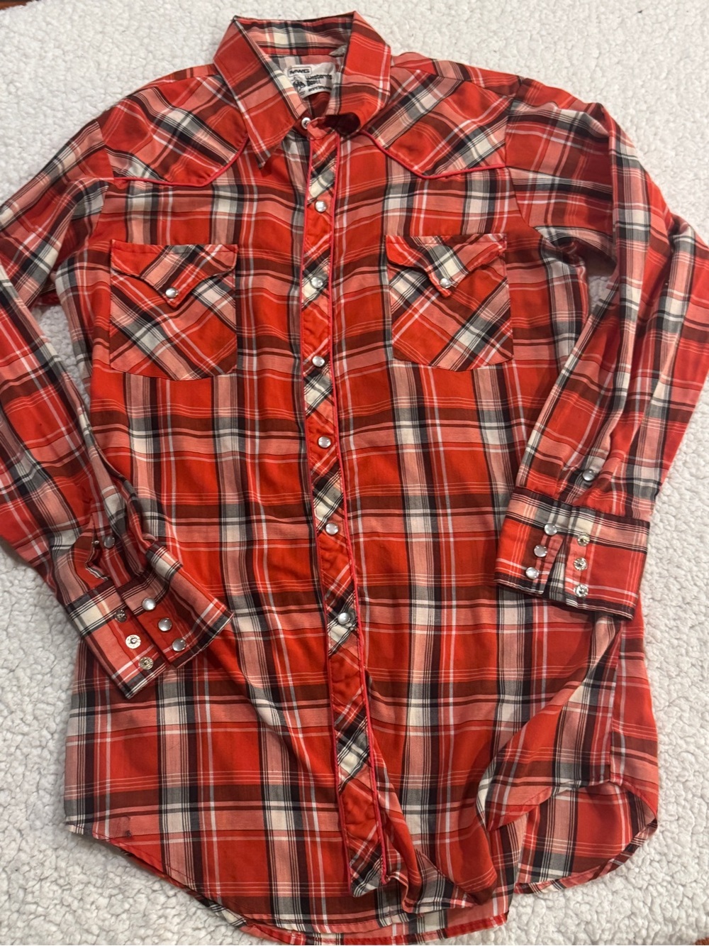Vintage 70s MWG Westerns Best Pearl Snap Shirt Plaid - Extra Long Tails - Lrg